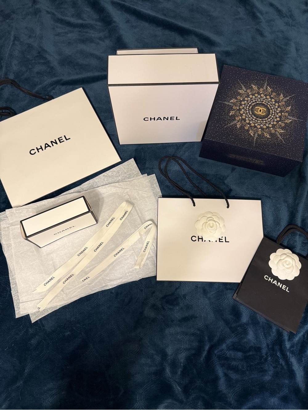 CHANEL branded Black & White and Holiday Navy & Gold Gift Boxes and Bags